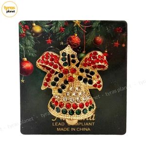 Natasha goldfarbene Weihnachtsglocke Schleife Brosche Brust Pin rot grün Kristall Strass - Bild 1 von 4