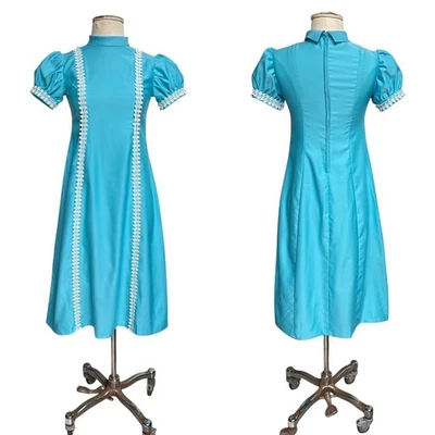 Vestido vintage años 60 70 manga abullonada midi imperio victoriano cintura encaje cuello falso. Foto 1 de 4