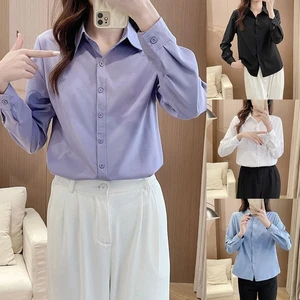 Women Long Sleeve Shirt Casual Slim Fit Solid Color Top for Daily Wear - Picture 1 of 24