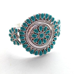 Southwestern Style Faux Turquoise Silver Tone Floral Burst Western Cuff Bracelet - Picture 1 of 5