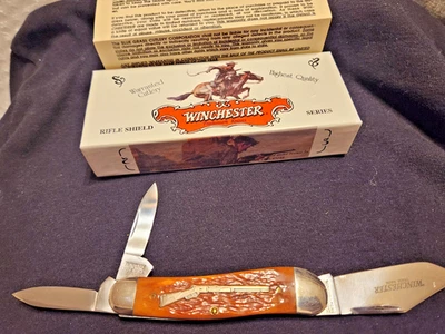 NAVAJA WINCHESTER RIFLE ESCUDO HUESO NARANJA QUEMADO W15 39118 1/2 CON CAJA Foto 1 de 4