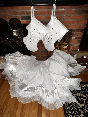 Christmas tree Skirt White Eyelet, Lace, 6’ Padded  & 2 Coordinating Stockings - Image 1 of 4