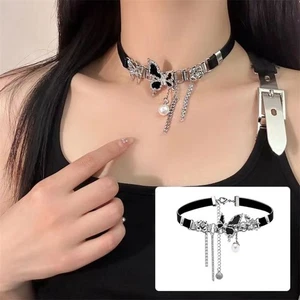 Dark Butterfly Leather Choker Y2K Vintage Goth Choker Sweet Cool Neck Chain - Picture 1 of 5