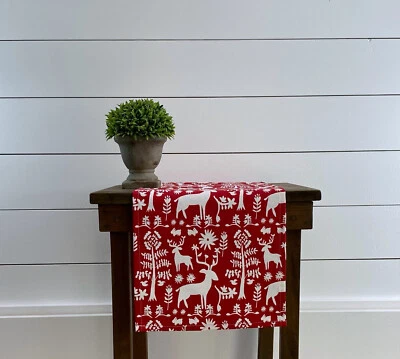 "HANDMADE" Red Winter Table Runner Deer Holiday Nordic Christmas Decor Dining Linens Gift