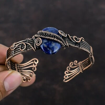 Sodalite Gemstone Wire Wrapped Adjustable Bangle Copper Jewelry For Girls - Image 1 of 4