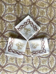 AGHABANI EMBROIDERED TABLECLOTH Brown & Gold Silk on Beige 94x59” Approx - Picture 1 of 7