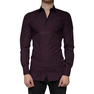 DOLCE & GABBANA Shirt Dark Violet Cotton Dress GOLD Men Formal 38/US15/XS 350usd - Picture 1 of 8