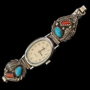 Cinturino orologio vintage Navajo argento sterling turchese e corallo punte - Foto 1 di 11