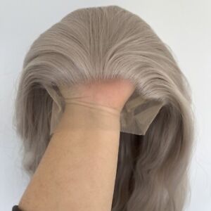 Long Wavy Handtied Soft Silver grey Heat Resistant Glueless Lace Front Wig