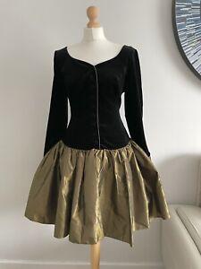 Vintage Laura Ashley Dress Black Velvet Gold Taffeta 80s BNWT Ultra Rare! 16
