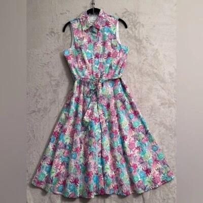 Chetta B Tropical Pineapple Sleeveless Button Up Midi Dress With Belt Size 6 - Image 1 of 4