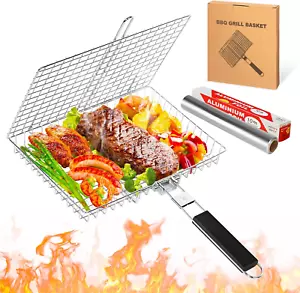 BBQ Grill Basket, Large Folding Basket with Handle for Meat, Fish, Vegetables. - Picture 1 of 7
