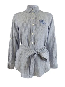 Lauren Ralph Lauren Women's Petite Striped Logo Linen Shirt (PXS, Blue/White) - Picture 1 of 3