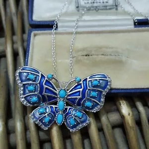 925 Sterling Silber Halskette, Dornröschen Türkis Anhänger, Schmetterling - Bild 1 von 8