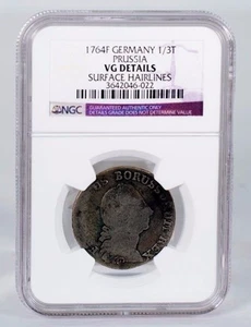 1764-F  Germany 1/3 Thaler Prussia NGC VG Details Hair Lines (Rare) - Picture 1 of 4