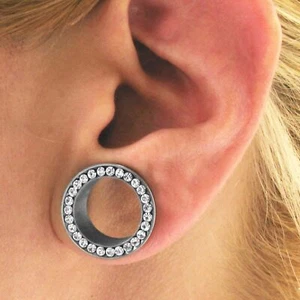 PAIR CZ LINED Titanium SCREW FIT EAR TUNNEL EARLET GAUGE RING 8G 6G 4G 2G 0G 00G - Picture 1 of 6