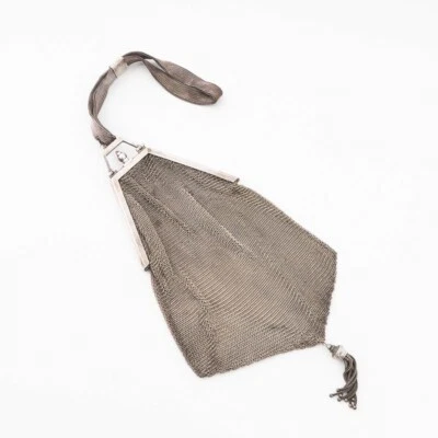 1920s Art Deco Coin Silver .900 Mesh Purse Clutch Bag with Tassel Amethyst Clasp - Image 1 of 4