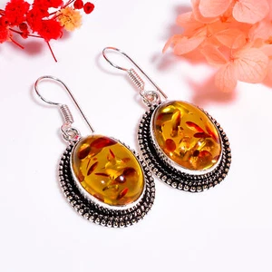 Baltic Amber Gemstone Vintage Handmade Jewelry.925 Silver Earrings 1.7" GSR-9700 - Picture 1 of 2
