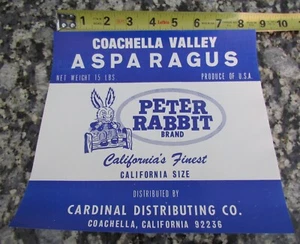 PETER RABBIT, COACHELLA VALLEY, CALIFORNIA, ETICHETTA PRODOTTO ORIGINALE, ASPARAGI - Foto 1 di 3