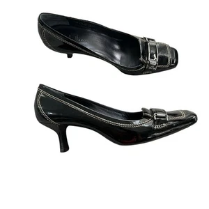 COLE HAAN Dark Brown Patent Leather Square Toe Buckle Kitten Heel Shoes Sz. 10 - Picture 1 of 7
