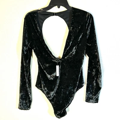 Victorias Secret Crushed Velvet Black Deep V-Neck Open Back Bodysuit M / L NEW - Image 1 of 4