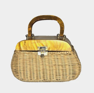 Vintage 1960's Retro Wicker Woven Lucite Top Vinyl Lined Purse Handbag EUC - Image 1 of 4