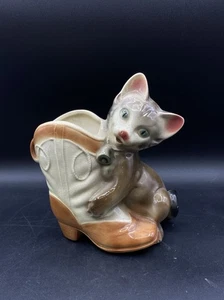 Keramik Royal Copley verspieltes Kätzchen & Stiefel Übertopf Vintage 7,5" LESEN - Bild 1 von 9