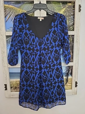 Vestido GB para mujer talla Xs azul real negro estampado 3/4 mangas transparentes gasa por encima de la rodilla Foto 1 de 4