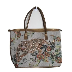 Beaded Shoulder Bag Tote Purse Cat Panther Tapestry Signature Club A by Adrienne - Picture 1 of 8