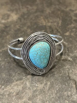 Dyed Turquoise Howlite Antiqued Silver Tone BOHO Cuff Bracelet - Image 1 of 4
