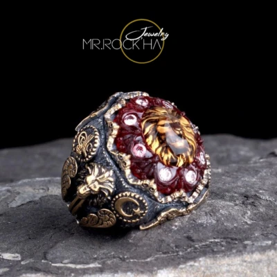 Carved Red Amber,Relief Lion Design,Gold Plated,Handmade,925 K Silver Men's Ring - Image 1 of 4