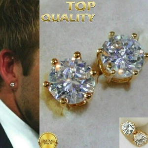 Men's Deluxe AAA 8mm yellow gold filled simulated diamond stud earrings, GIFT - Picture 1 of 12
