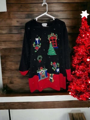 ¡Suéter feo de Navidad! B.P. Chimenea de árbol Design XL negra y roja con regalos Foto 1 de 3