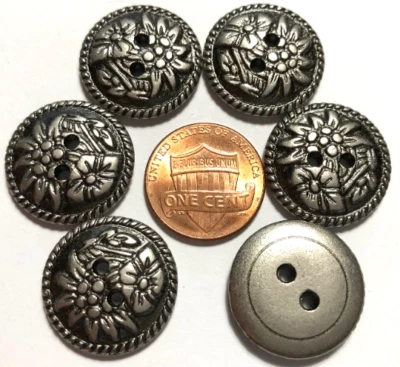 6 Heavy Antique Silver Tone Metal 2-hole Flower Floral Buttons 20mm 13/16" 11757 - Image 1 of 3