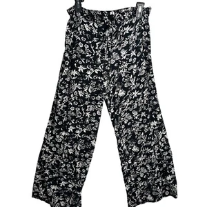 Angie Wide 12" Leg Baggy Black Floral Pull On Elastic Waist Drawstring Pants L - Picture 1 of 6