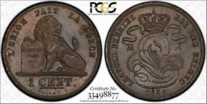 Belgio 1858 1 centesimo KM #1,2 PCGS MS63BN Grande lucentezza marrone!! - Foto 1 di 4