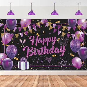 Purple Happy Birthday Banner Purple Black Gold Birthday Party Decorations Large 