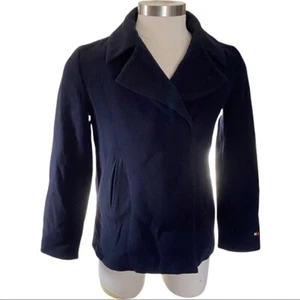 Tommy Hilfiger Men Blue Wool Wrap 4-Button Jacket Pea Coat Sz Sm Flag Hardware - Picture 1 of 13