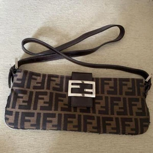 FENDI Shoulder Bag Crossbody FF Baguette Leather Canvas Brown Authentic - Picture 1 of 24