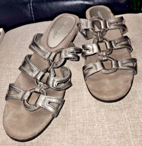What's What by Aerosoles Leather Sandals Size 9.5 Pewter Gray Slides Shoes - Picture 1 of 13