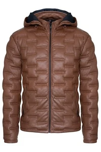 Herren Puffer Leder Bikerjacke Hellbraun Gesteppt Warm Bomber Jacke mit Kapuze - Bild 1 von 4