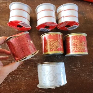 Lot of 7 Rolls Spools Christmas Holiday Wired Ribbon 9 Ft Each = 63 Ft Red White - Picture 1 of 11