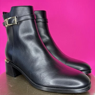 Calvin Klein Jallis Black Faux Leather Gold Accent Block Heel Ankle Boot Sz 9 - Image 1 of 4