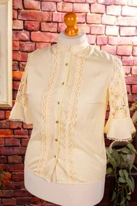 Blusa Trachten Vintage Dirndl Beige Crema Con Encaje Y Cuello Alto M - Imagen 1 de 7