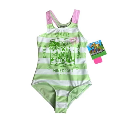 Minecraft Girls One Piece Swimsuit Bathing Suit Stripes Razorback Green XS 4-5 - Image 1 of 4