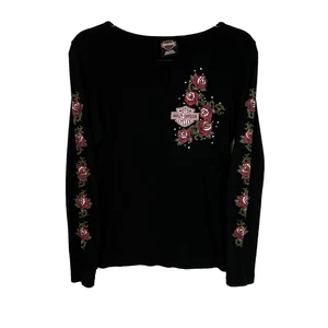 Harley Davidson Shirt Women Large Floral Sparkle Motorcycle Keyhole Neckline - Picture 1 of 8