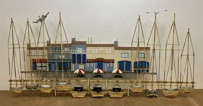 Vintage Metal Wall Sculpture Seaside Scene C Jere art curtis wire european boat - Image 1 of 4