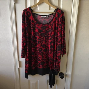Susan Graver Liquid Knit Floral Top 3/4 Raglan Sleeve Red Black Tie At Waist - Picture 1 of 11