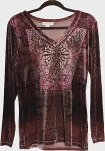 Christopher Banks Samt Top Gr. M Langarm V-Ausschnitt Mandala weinrot rot weich - Bild 1 von 6