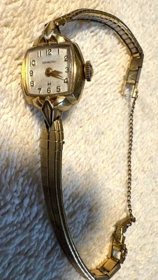 Reloj Hamilton Vintage Damas Laminado Dorado 10K RGP Beze Correa Cadena de Seguridad Funciona Foto 1 de 4